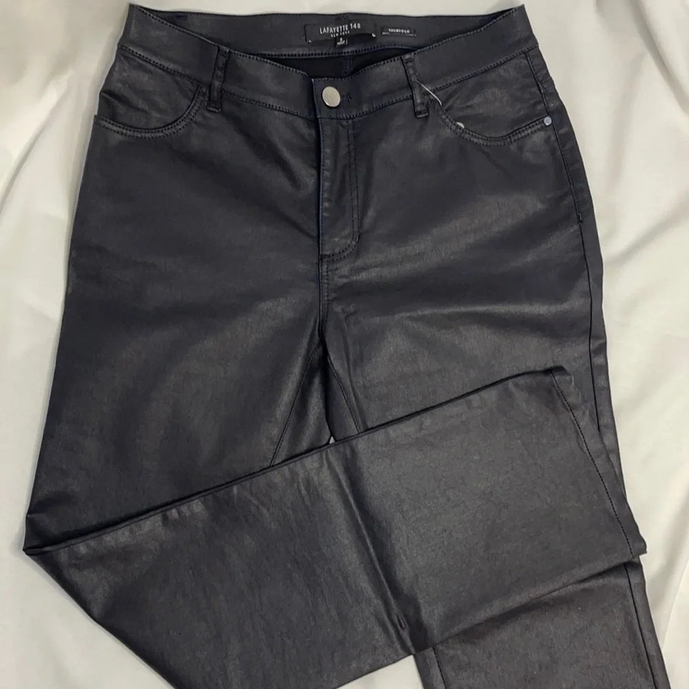 🔥 SALE LAFAYETTE 148 New York Thompson Italian Primo Denim Jeans in Coated Blac…